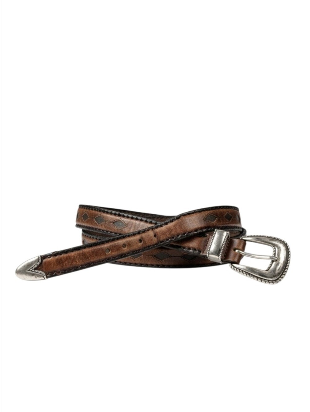 Vintage Tony Lama Brown Leather Western Belt Diamond Inlay Silver Buckle
